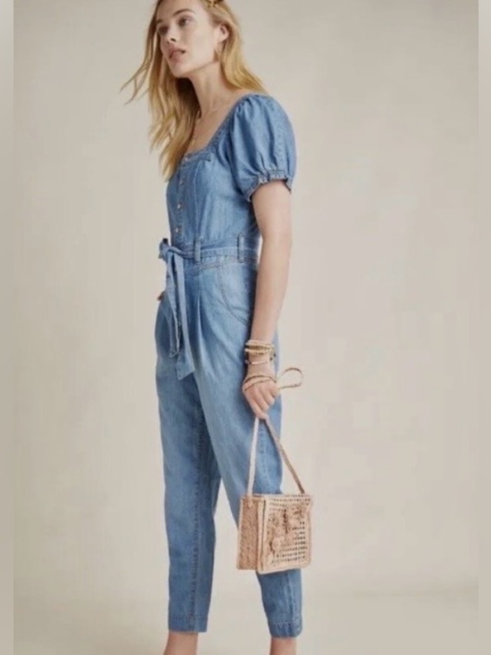Anthropologie Light Blue Denim Tie-Waist Puff Sleeve Jumpsuit